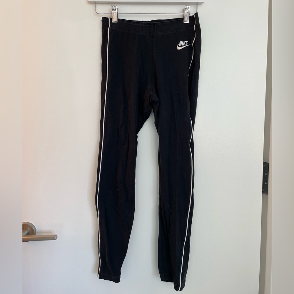Black Nike Leggings with White Logo and Vertical Stripe Size S